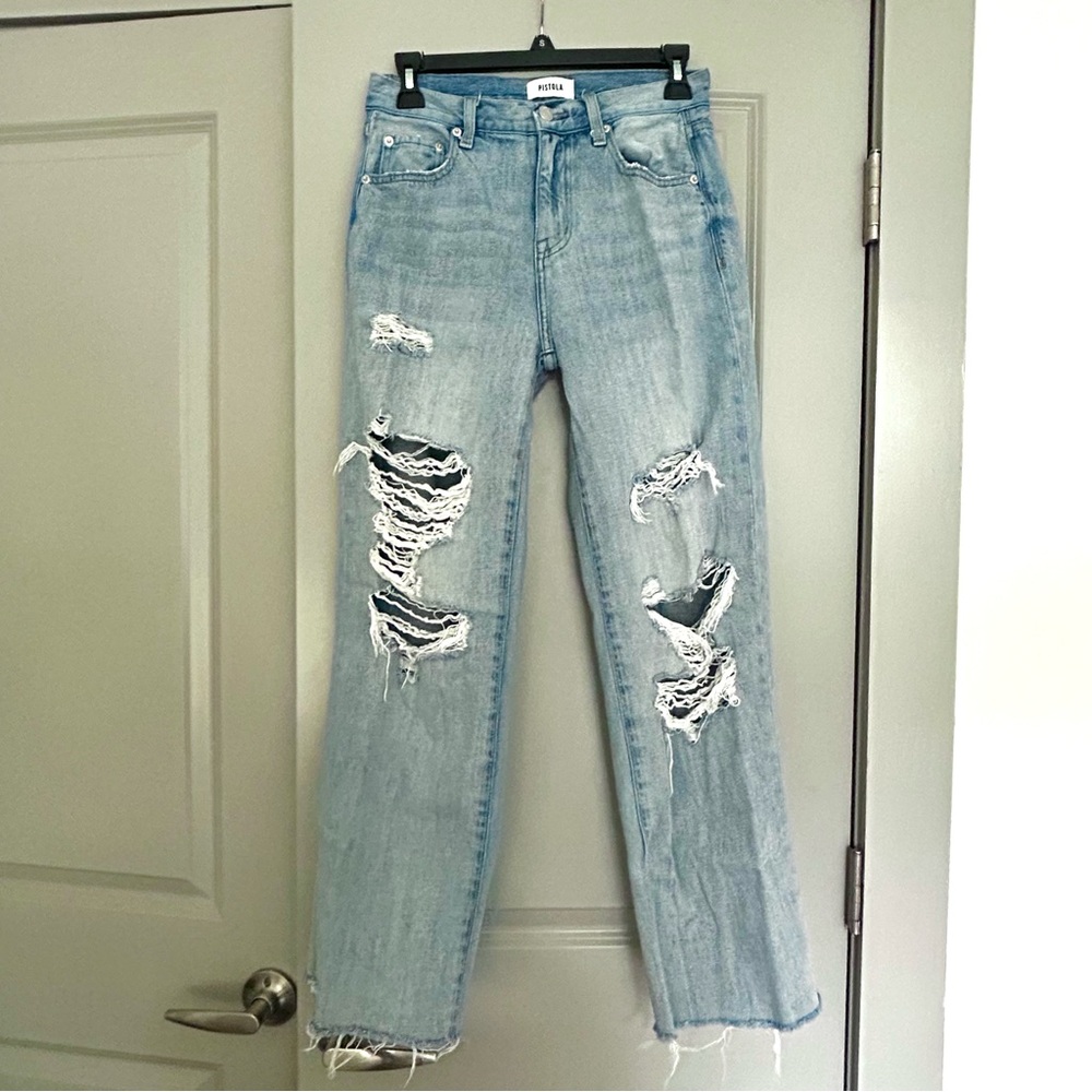 Pistola Cassie High Rise Distressed Straight Leg Jeans Light Wash Raw Hem Sz 24